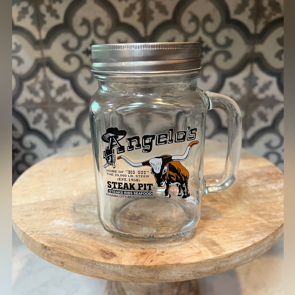 ANGELO’S STEAK PIT MASON JAR MUG WITH LID